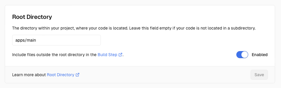 Setting the root directory in Vercel's web UI